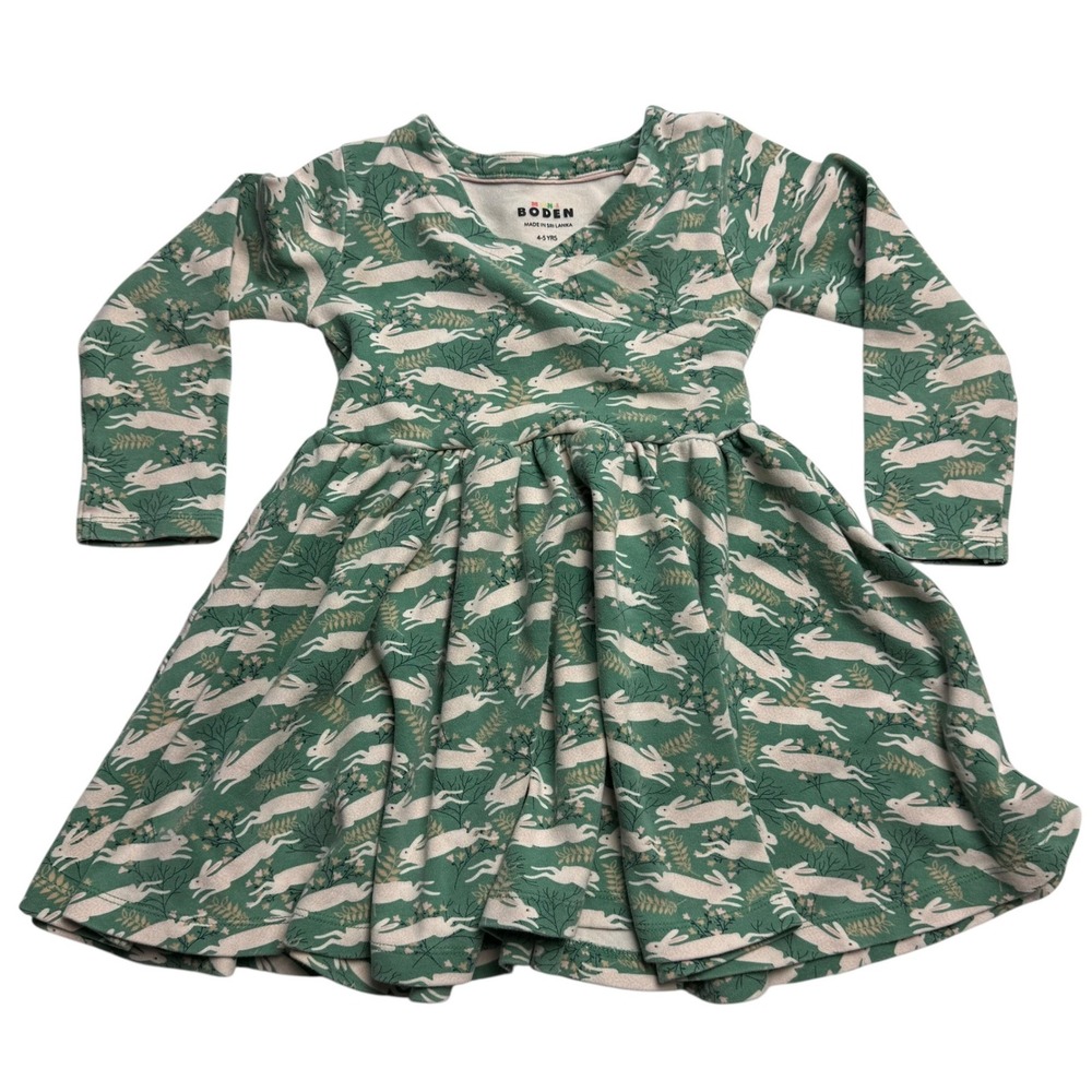 Mini Boden Girls‎ Green Bunny Rabbit Floral Long Sleeve Jersey Dress 4-5Y Easter